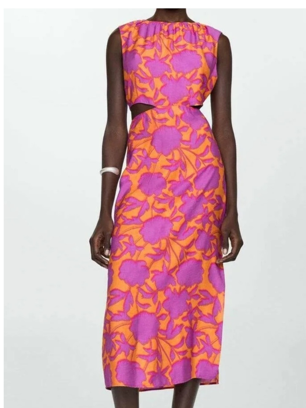 Mango Purple and Orange Floral Cutout Midi Dress